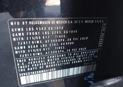 2022 Volkswagen Taos 1.5T S из США, поврежденный, VIN 3VVCX7B2XNM041595